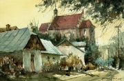 ulica Zamkowa z widokiem na farę w Kazimierzu Dolnym akwarela 30x40 cm